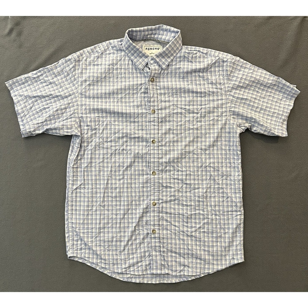 Poncho Fishing Shirt Mens Medium Blue White Plaid Short Sleeve Regular Fit